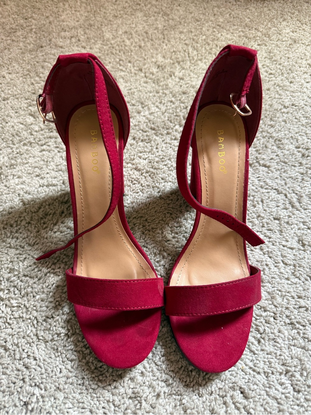 BAMBOO Burgundy Open-Toe Ankle Strap Heels